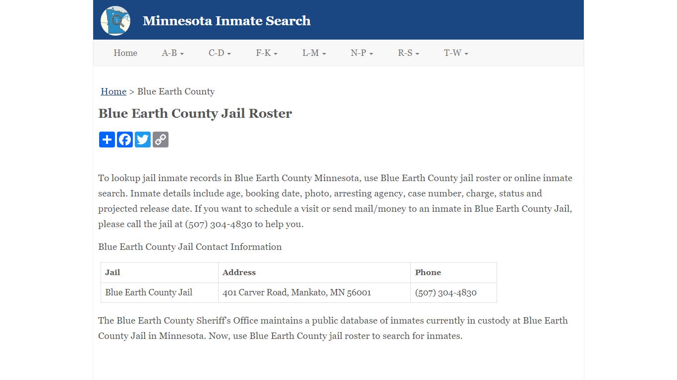 Blue Earth County Jail Roster - Minnesota Inmate Search